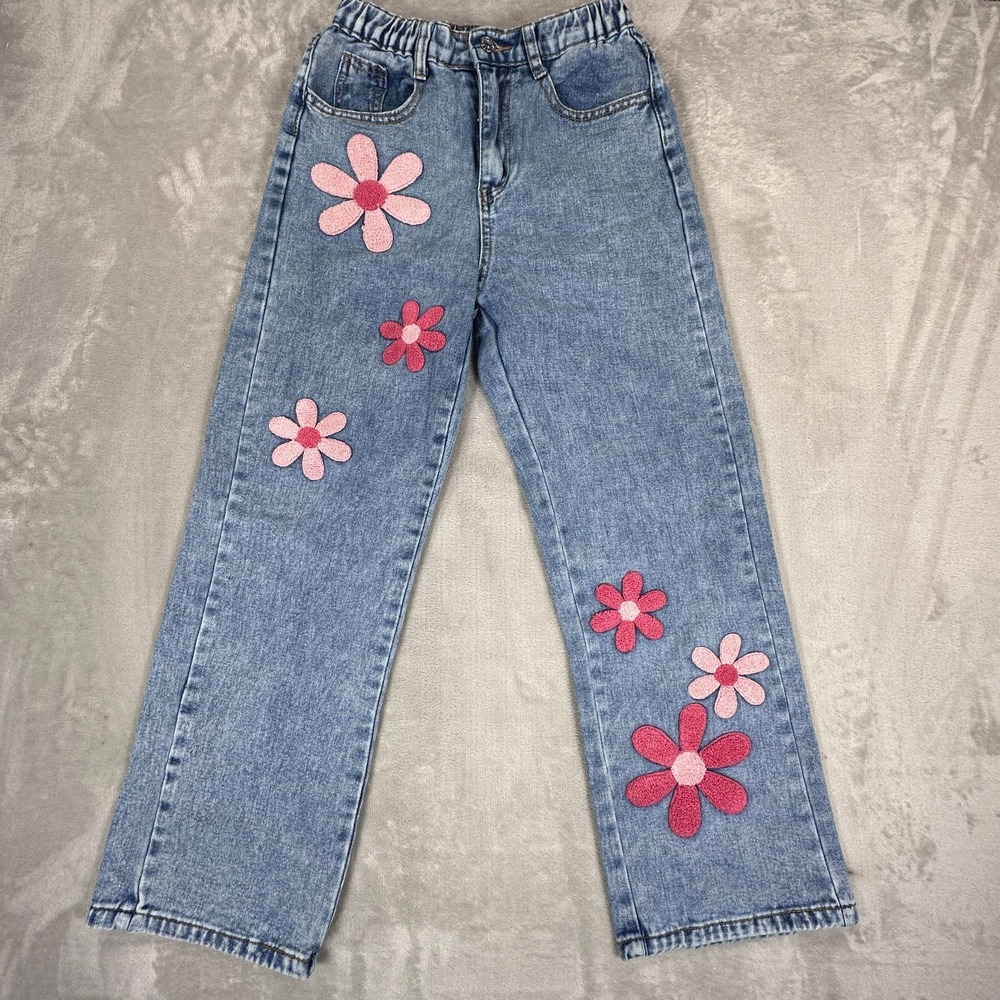 Shein Chill Jeans Girls Size 13 Blue Cotton Floral Patch High Rise Straight Leg